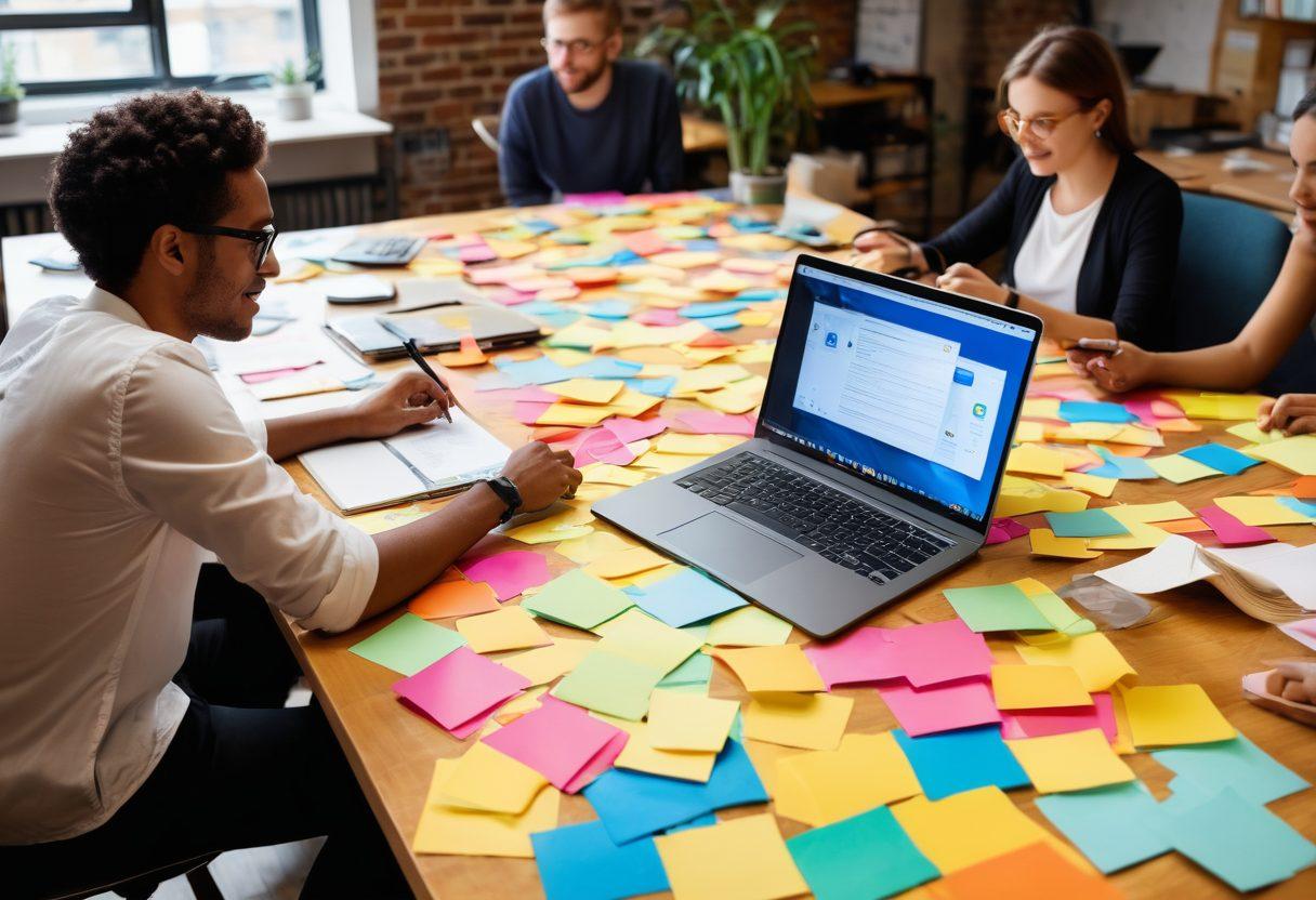 An imaginative workspace filled with colorful sticky notes, notebooks, and a glowing laptop displaying dynamic social media interfaces. Include a diverse group of creative individuals actively collaborating, sharing ideas, and brainstorming around a bright table. In the background, visualize a digital landscape full of interconnected nodes representing online networking and community building. Highlight elements of creativity, engagement, and collaboration. vibrant colors. vector art.